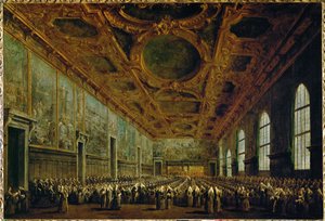 Dopo la sua elezione, il Doge ringrazia il Gran Consiglio nella Sala del Gran Consiglio di Palazzo Ducale a Venezia, Italia ...