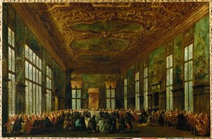 Pasto cerimoniale a Palazzo Ducale nella Sala del Gran Consiglio, il Doge seduto al centro dello sfondo ...