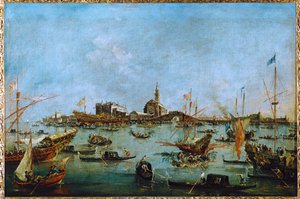 The Doge, in his golden gondola, the Bucintoro, passes San Niccolo del Lido …