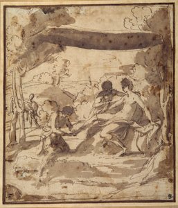 Venere, sdraiata sotto un baldacchino rustico, con Adone che le allaccia il sandalo da Francesco Albani