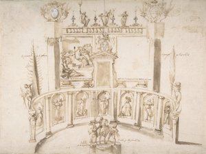 Progetto per una festa in giardino con un muro semicircolare e statue nelle nicchie, ca. 1635-79 da Francesco Allegrini