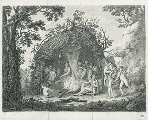 Una vista degli indiani della Terra del Fuoco nella loro capanna