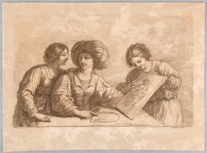 Tre donne con una tavolozza e schizzo di un disegno