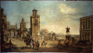 Scena di strada in una città, la grande piazza con monumenti da Francesco Battaglioli