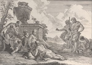 Satiro con clava e sette figure, da Baccanali e Storie, 1744 da Francesco Fontebasso