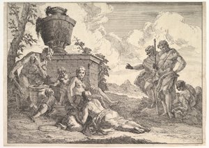 Satiro con clava e sette figure, da Baccanali e storie, 1744 da Francesco Fontebasso