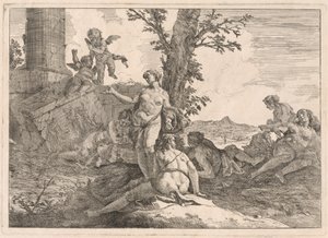 Sei ninfe e due cupidi in un paesaggio