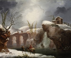 Un paesaggio invernale con viaggiatori lungo un fiume