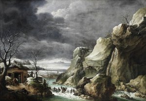 Viaggiatori che si avvicinano a un fienile in un paesaggio invernale, sotto un cielo tempestoso