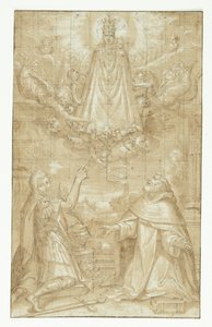 Una Madonna incoronata con il bambino, avvolta in un mantello e pesanti catene, appare tra le nuvole, circondata da angeli e cherubini, a due santi inginocchiati; uno è un soldato martire, l