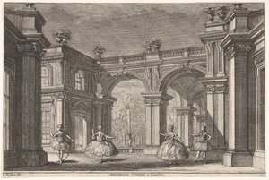 Due signore e due gentiluomini che ballano in un ambiente architettonico ornato, una fontana..., 1765 da Francesco Galli Bibiena