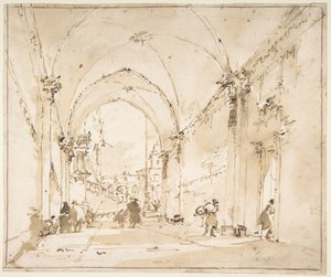 Capriccio architettonico: passaggio a volta che conduce a una piazza