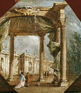 Capriccio di una rovina con una coppia elegante e un cane da Francesco Guardi