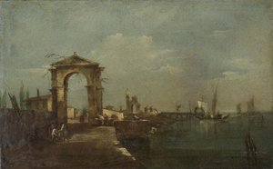 Paesaggio con un molo e navi su un lago da Francesco Guardi