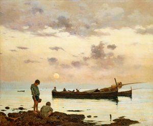 Marina con barca da pesca e ragazzi, di Francesco Lojacono da Francesco Lojacono