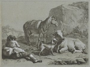 Pastore sdraiato con cavallo, mucca e cane