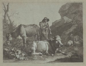 Pastore che Riposa su un Bastone con un Vecchio Cavallo e un Toro Disteso da Francesco Londonio