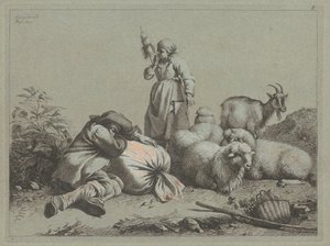 Contadino dormiente e filatrice in piedi, 1763 da Francesco Londonio