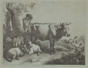Mucca in piedi e un pastorello con gregge da Francesco Londonio