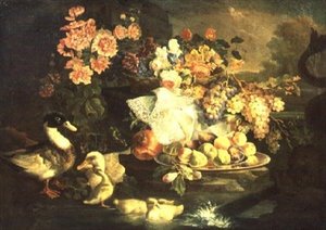 Natura Morta di Frutta e Fiori con Anatra, Maschio e Anatroccoli da Francesco Morosini