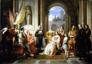 Torquato Tasso (Le Muche) legge la sua Gerusalemme liberata alla corte di Ferrara. Dipinto di Francesco Podesti (1800-1895)