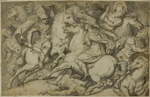 Scaramuccia di cavalleria (recto); Ecorché inginocchiato (verso) da Francesco Salviati