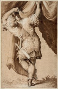 Giovane guerriero, visto da dietro, che solleva un sipario da Francesco Salviati