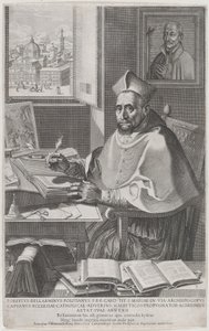 Cardinale Roberto Bellarmino alla sua scrivania, scrivendo, 1604