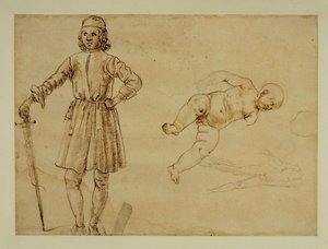 Un bambino seduto; un uomo in piedi che tiene una spada ...