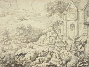 Cortile della fattoria, con figure e sfondo paesaggistico da Francis Barlow