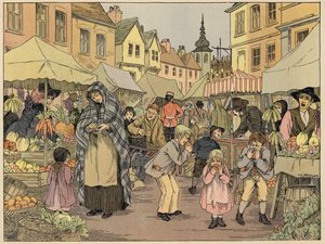 Libro dei negozi di Bedford: Bancarelle di frutta (litografia a colori)
