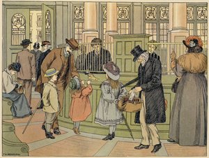 Libro dei negozi di Bedford: La banca di Pa (litografia a colori) da Francis Donkin Bedford