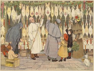 Libro dei negozi di Bedford: Poulterer (litografia a colori) da Francis Donkin Bedford