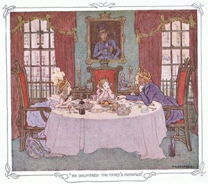 Consegna il messaggio della fata, da The Magic Fishbone pubblicato da Warne  Co, 1940 circa (litografia a colori) da Francis Donkin Bedford