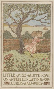 La signorina Muffet seduta su un tuffetto che mangia cagliata e siero di latte (litografia a colori) da Francis Donkin Bedford