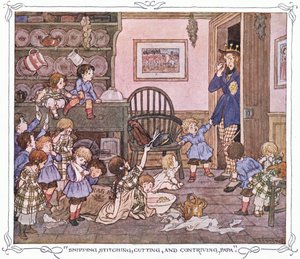"Snipping, stitching, cutting and contriving, Papa", da The Magic Fishbone pubblicato da Warne  Co, 1940 circa (litografia a colori)