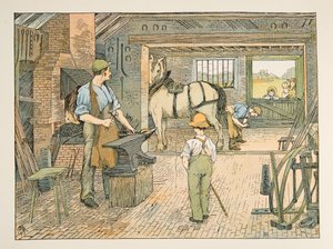 Il fabbro, da Four and Twenty Toilers, pub. 1900 (litografia a colori) da Francis Donkin Bedford
