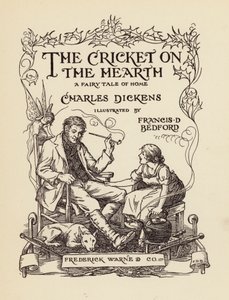 Illustrazione del frontespizio di The Cricket on the Hearth di Charles Dickens (litografia a colori) da Francis Donkin Bedford