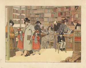 Clienti vittoriani in una libreria. Cromolitografia da un