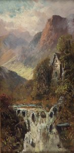 Mulino, cascata e montagna, Bodhyfryd (olio su tavola) da Francis E. Jamieson