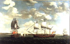 Ritratto di un East Indiaman in tre posizioni al largo di Portsmouth