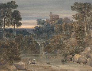 Paesaggio con castello, cascata e ruscello in primo piano da Francis Oliver Finch