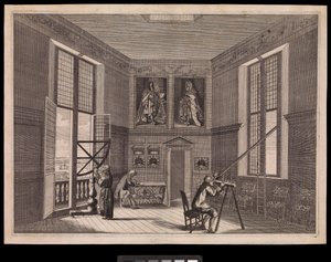 Tre figure che usano attrezzature astronomiche nella Grande Sala delle Stelle o Sala Ottagonale, come è conosciuta oggi, al Royal Observatory., c.1676 da Francis Place