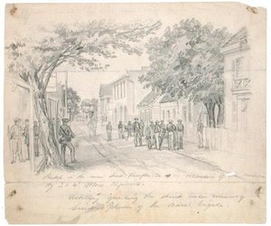 Strada principale, Hampton, Virginia...artiglieria che sorveglia la strada, c.1860 da Francis Schell