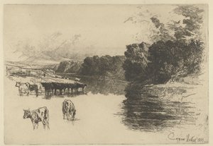 Mucche vicino a un fiume da Francis Seymour Haden (Sir) (signed by artist)