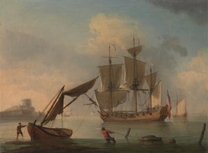 Uno sloop inglese calmo vicino alla riva da Francis Swaine