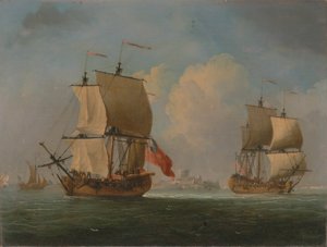 Un sloop inglese e una fregata in una leggera brezza da Francis Swaine