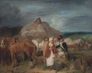 Soldato con donne di campagna che vendono nastri, vicino a un campo militare da Francis Wheatley