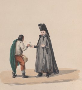 Un canonico che consegna un crocifisso a un uomo, da un gruppo di disegni che raffigurano costumi peruviani