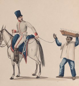Un soldato a cavallo che tiene una corda che assicura uno schiavo indigeno che bilancia un piatto, ca. 184